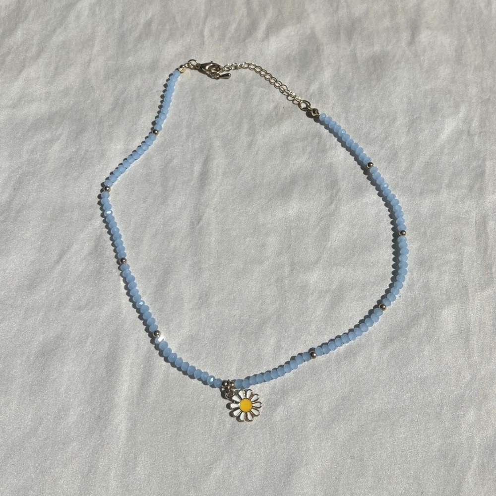 Blue Cottagecore Beaded Daisy Pendant Choker Necklace OS Boho Soft Girl Coquette